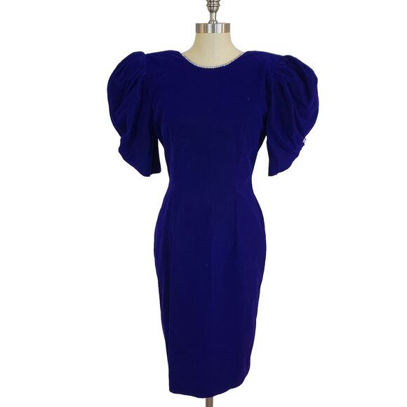 VTG 80s 90s Velvet Puff Sleeve Cocktail Dress Rhinestones Open Back Purple Retro - Picture 1 of 16